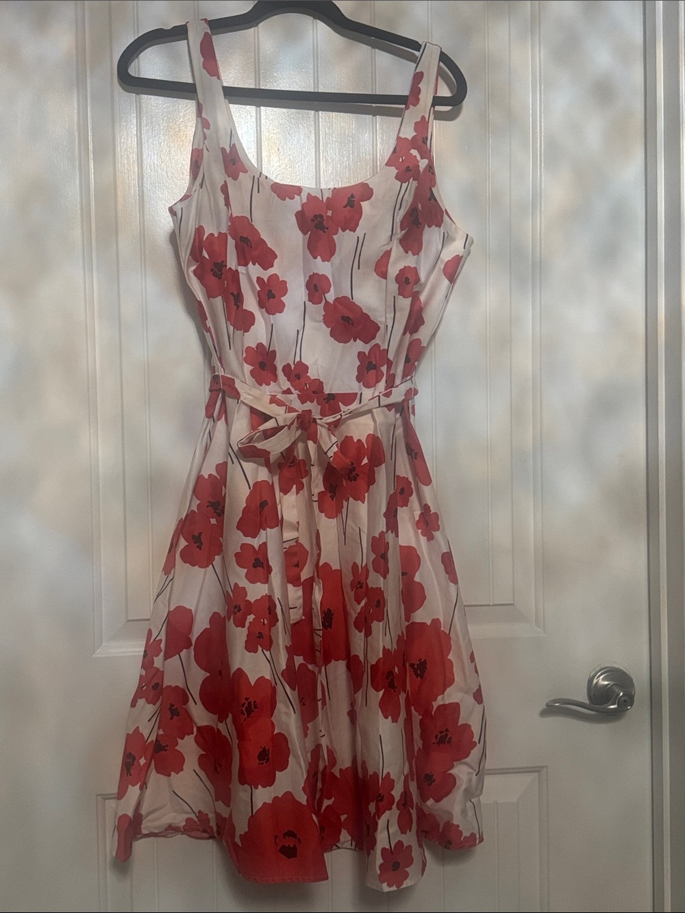 Red Floral Scoop Neck Mini Dress with Tie Waist